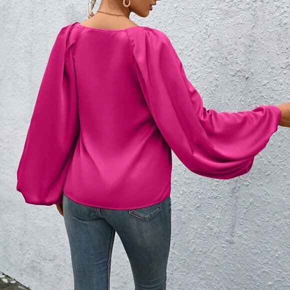 Pink Casual Womens Lantern Sleeve Solid Blouse - Picture 3 of 7